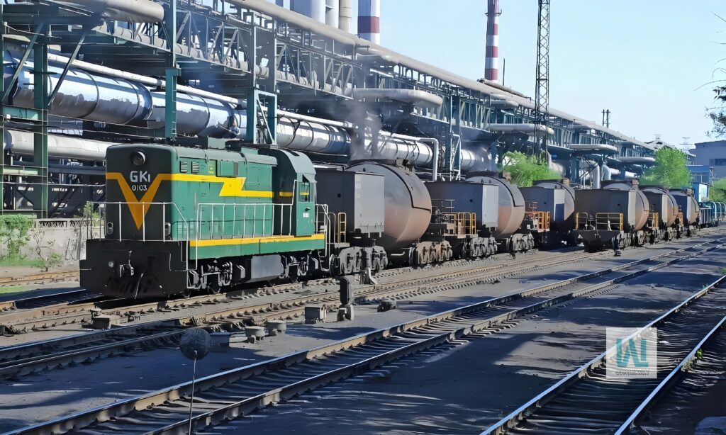 Locomotives and tracks used for material transport inside a steel plant in China.