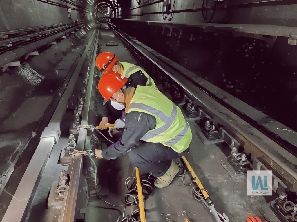 Crew working on railway tunnel maintenance for metro systems in China.